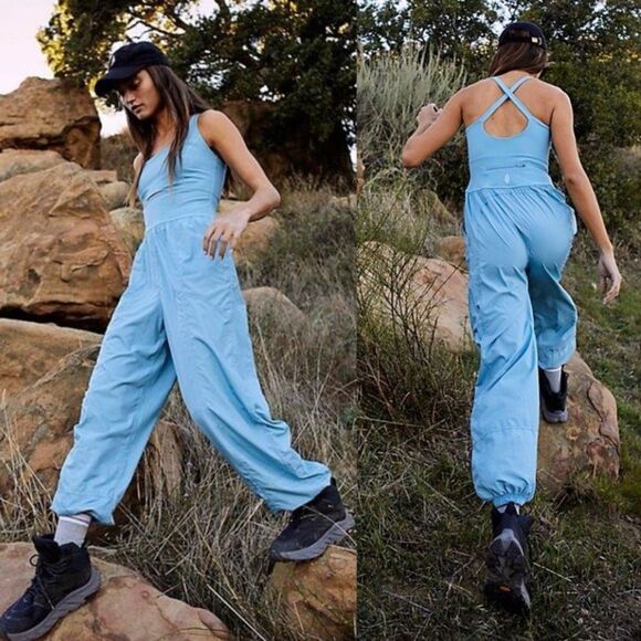 Nwt free people righteous onesie falling water blue track pant jumpsuit - Picture 1 of 4